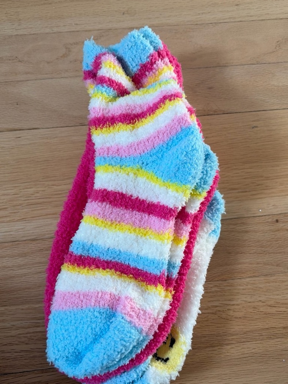Kids Fuzzy Stripe Ankle Socks - Multicolor (Pink, Blue, Yellow)